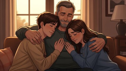 Loving father with children embracing warmly on a couch indoors