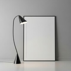 Minimalist room interior with black floor lamp and blank vertical picture frame mockup