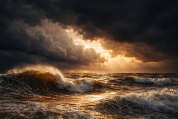 Nature's mood swings shown in golden lit waves and brooding clouds forming copy space