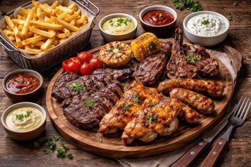 Tasty mixed grill meal with side of fries and variety of sauces on wooden tabletop