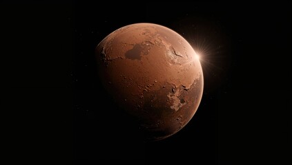 Mars surface highlighted by sunlight focusing on terrain textures, suitable for planetary research backgrounds