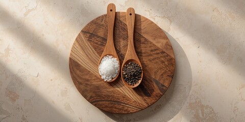 Sea salt and black pepper on wooden spoons on a wooden board, used for seasoning food