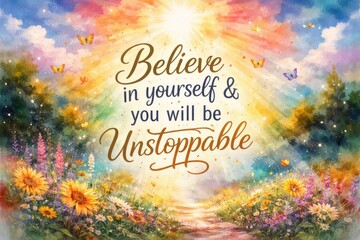 Repeat inspirational text motif on a bright watercolor background boosting personal development and hope