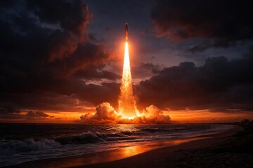 Vivid orange rocket ascent lighting up a moody twilight atmosphere with horizon glow