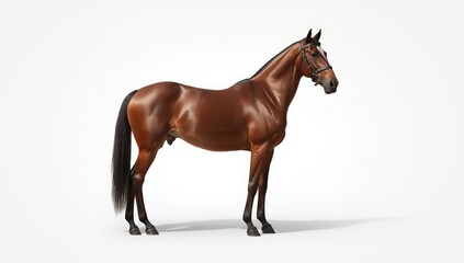 Obraz premium Russian riding horse with a dark bay coat posed on a plain white backdrop, focusing on breed characteristics
