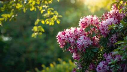 Fototapeta premium Rhododendron in my garden, ornamental shrub adding color to outdoor space