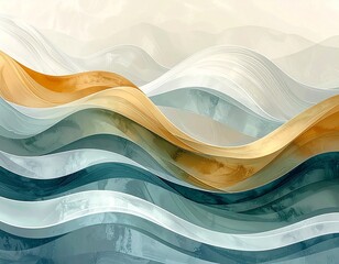Dynamic abstract artwork featuring harmonious flowing waves in tranquil blue, golden, and white tones, evoking a sense of calm movement and modern elegance