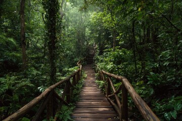 Fototapeta premium Wooden bridge pathway leads into a lush, vibrant green, and mysterious tropical forest