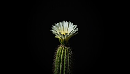 White flowered cactus of Setiechinopsis Mirabilis in bloom during nighttime, highlighting nocturnal desert vegetation