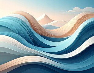 Abstract flowing waves in serene blue and beige hues, creating a tranquil landscape of dynamic curves and natural color gradients