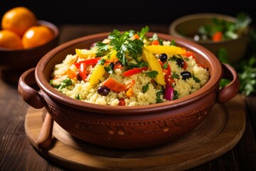 Couscous with fresh vegetables, oranges, and olives presenting in a traditional clay pot