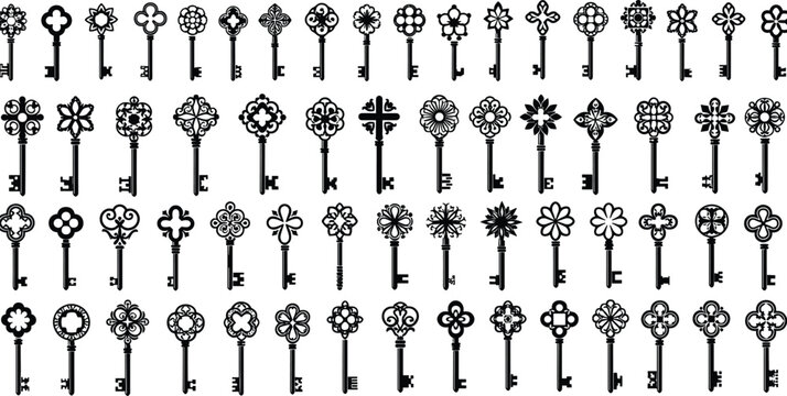Vintage skeleton key silhouettes, antique metal lock openers, decorative Victorian design elements, ornate old door keys, mystery decorative vector icons set.