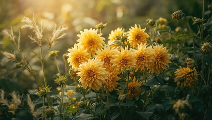 Vivid yellow dahlias in full bloom with pointed petals surrounded by dense green leaves in a garden scene, ideal for floral design backgrounds