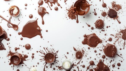White surface with chocolate stains serving as a background for food styling, culinary presentation, World Chocolate Day