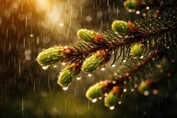 Summer rain triggering kidney buds to open on spruce branch