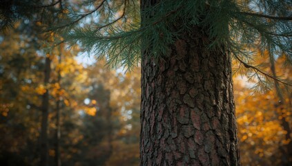 Green, white, or Colorado spruce trunk and bark during autumn, viewed as a landscape feature, seasonal change