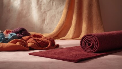 Colorful knitted fabric rolls, materials for garment production, textile sustainability focus