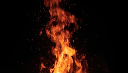 Nighttime campfire scene showing glowing embers and flying sparks, suitable for outdoor activity layouts