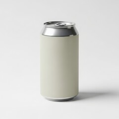 A vertical shot of a blank aluminum beverage can with a light beige label for mockup design
