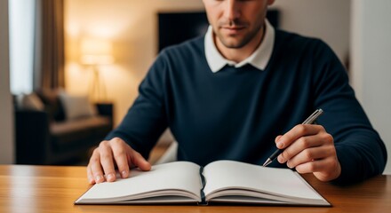Man writing in open notebook at wooden table image