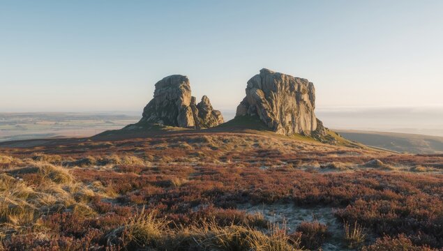 Cow and calf rocks on Ilkley moor sky, rugged terrain highlighting seasonal change and natural beauty