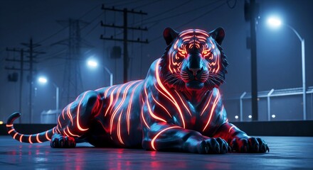 Neon tiger lying down in urban night scene glowing