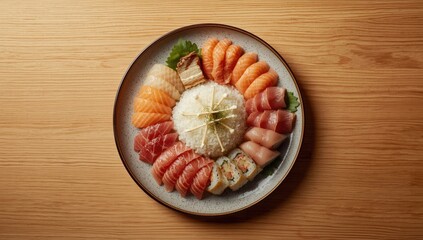Assorted sushi and rice dish seen from top angle highlighting meal diversity and visual appeal, ideal for culinary layout