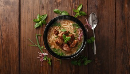 Beef noodle dish featuring oxtail in a dark bowl on wooden surface, highlighting hearty broth and herbal garnishes for culinary authenticity