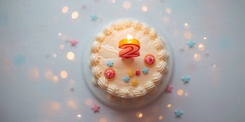 Zero shaped candle light on birthday cake, visual simplicity in celebratory settings