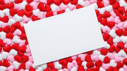 A blank white card for a message of love on a background of red, pink, and white hearts
