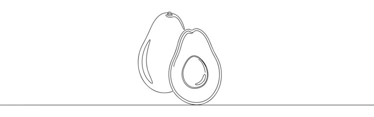 A continuous line drawing of a whole avocado and a halved one, symbolizing healthy eating and natural food