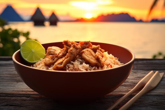 Chicken and rice meal served with lime overlooking ocean bungalows at sunset - Powered by Adobe