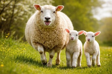 Obraz premium Energetic Texel ewe leading twin lambs through green spring grass