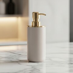 An elegant beige soap dispenser with a luxurious gold pump and trim rests on a white marble surface