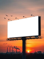 A large blank billboard mockup with a beautiful sunset over an industrial cityscape