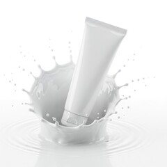 White cosmetic tube falls into a white liquid creating a dynamic splash on white background