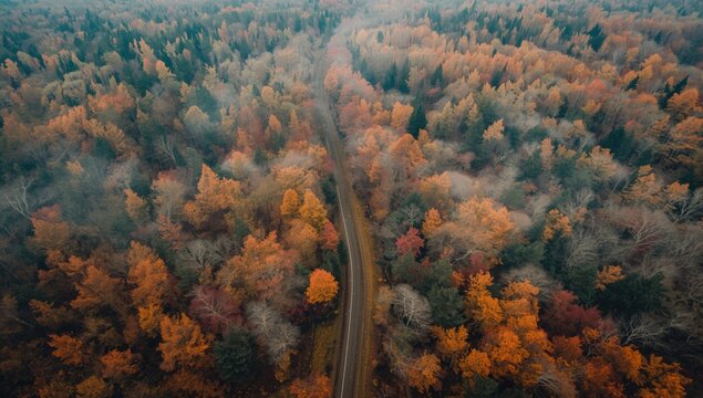 Aerial view of Zeisterbos woodland in fall within Utrechtse Heuvelrug Nationalpark, highlighting seasonal tree coloration