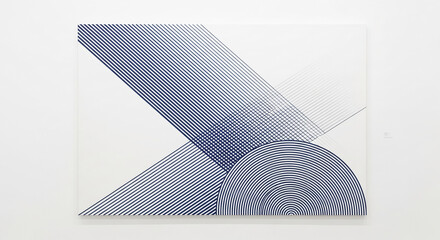 Geometric art with parallel navy and white lines forming semi-circular and angular shapes on canvas, representing order, precision and modern aesthetic