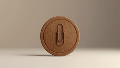 Wooden emblem with paper clip graphic serving as a design element for interface layouts or branding assets
