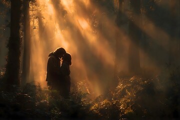 Romantic silhouette of couple sharing quiet moment in sunlit woodland expressing intimacy trust and timeless love