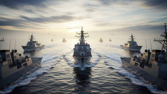 Naval fleet sailing in formation during sunset with modern warships