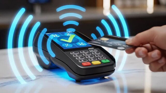 Contactless Payment Terminal with NFC Card and Successful Transaction Confirmation