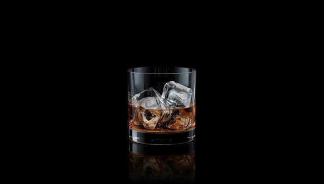 Old-fashioned glass with ice cubes for alcoholic beverages on a dark backdrop, used in bartending