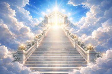 A monumental flight of stairs ascending to celestial gates with a luminous blue sky