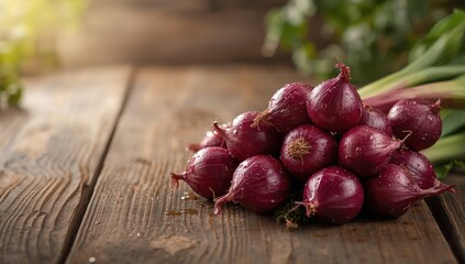 Red onions placed on a plain surface, fresh produce for culinary use, Food & Drink