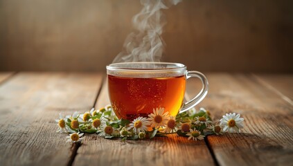 Cup of herbal infusion featuring St John's wort and chamomile, used for relaxation and health benefits