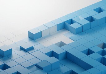 A perfectly repeating abstract geometric pattern featuring small blue cubes set against a white background, with one cube clearly missing, flaw, abstract, pattern