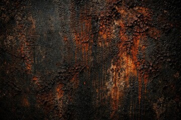 Fototapeta premium Up close textures of a black brown wall with deep rust staining and gritty decay