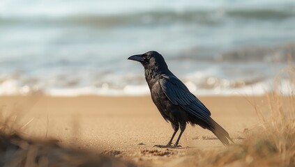 Obraz premium Detailed view of a black raven on sandy shoreline, focusing on bird features and coastal habitat, Earth Day