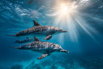 Group of dolphins swimming freely underwater with sunlight rays in clear blue ocean water